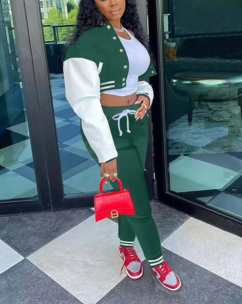 Fooullaide Women's Varsity Jacket Sweatsuit 2 Piece Tracksuit Crop Top Button Down Letterman Jackets Pants Sets