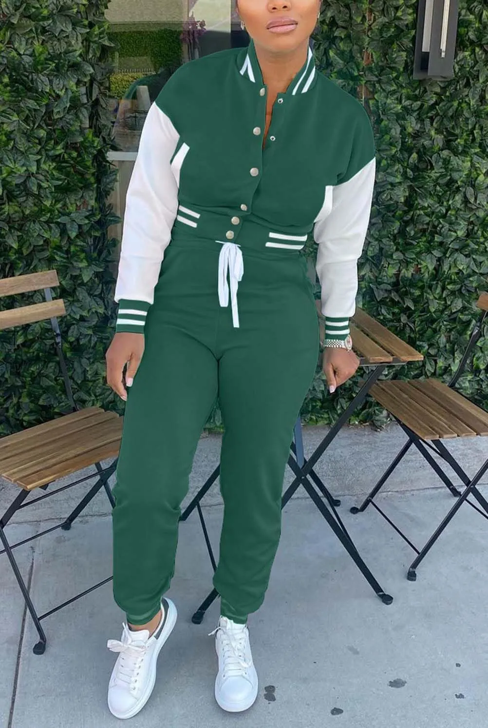 Fooullaide Women's Varsity Jacket Sweatsuit 2 Piece Tracksuit Crop Top Button Down Letterman Jackets Pants Sets