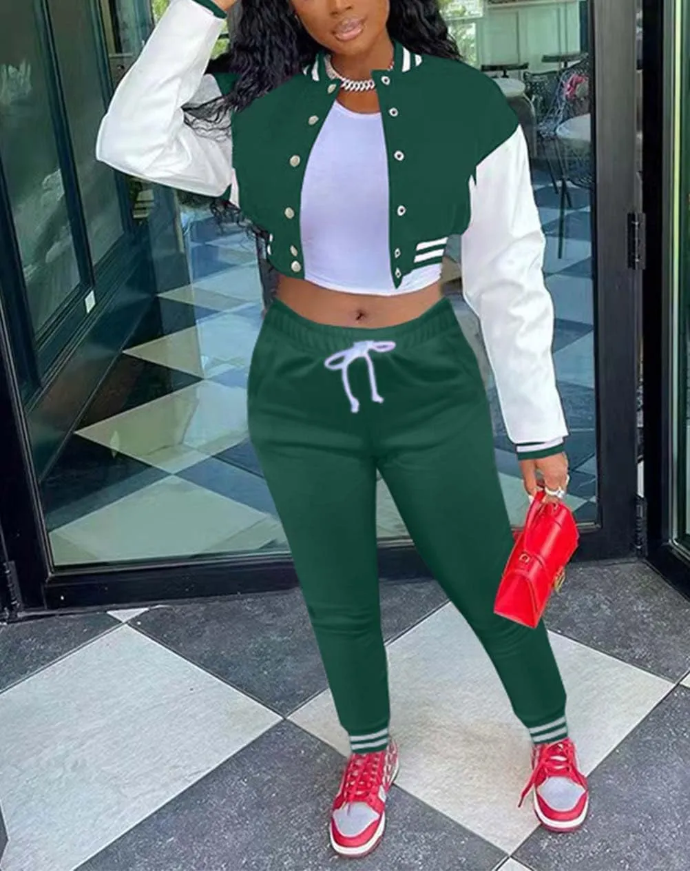 Fooullaide Women's Varsity Jacket Sweatsuit 2 Piece Tracksuit Crop Top Button Down Letterman Jackets Pants Sets
