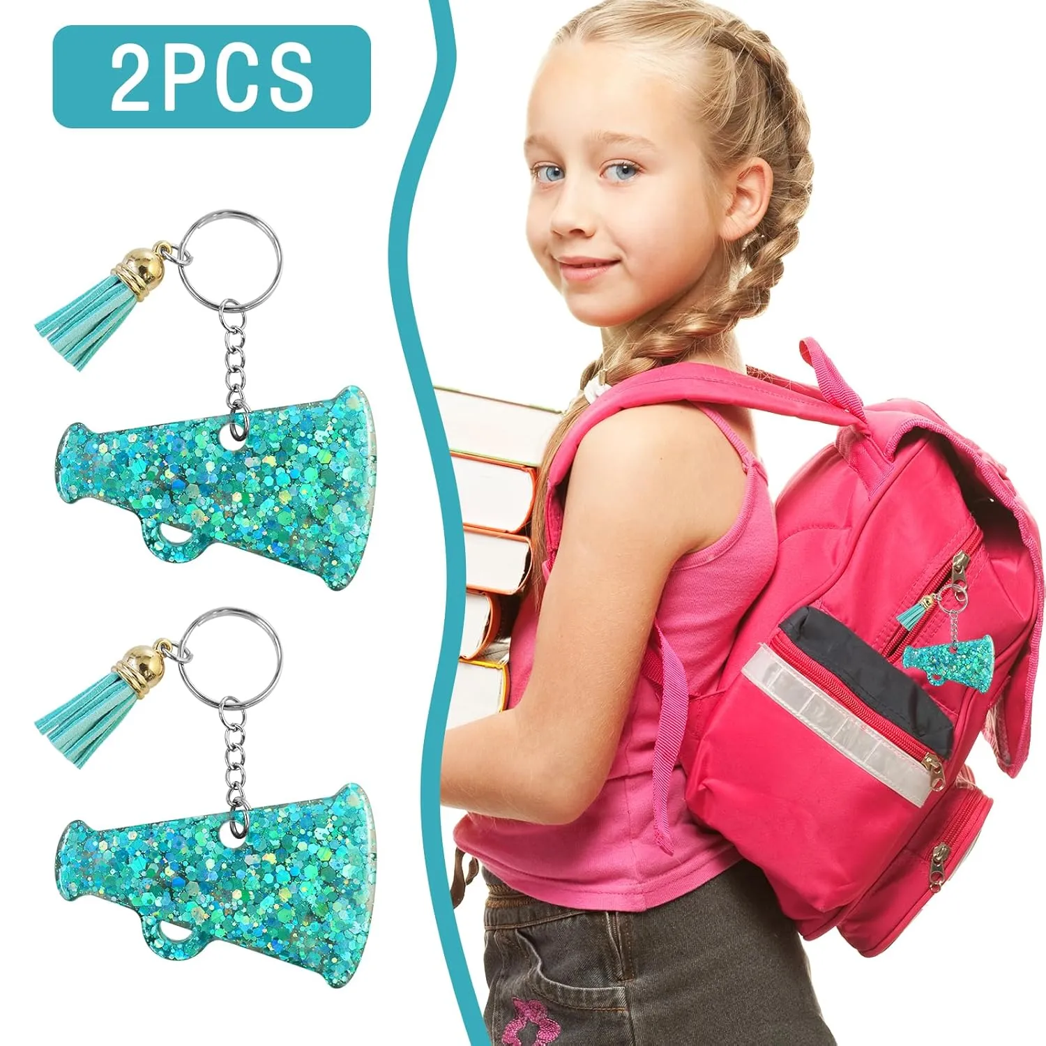 Glittering Cheer Megaphone KeyChain - Cheer Charm Keychains Bulk - Girls Cheerleading Accessories - Ideal Gift for Cheerleaders and Team Members - Light Blue/2pcs