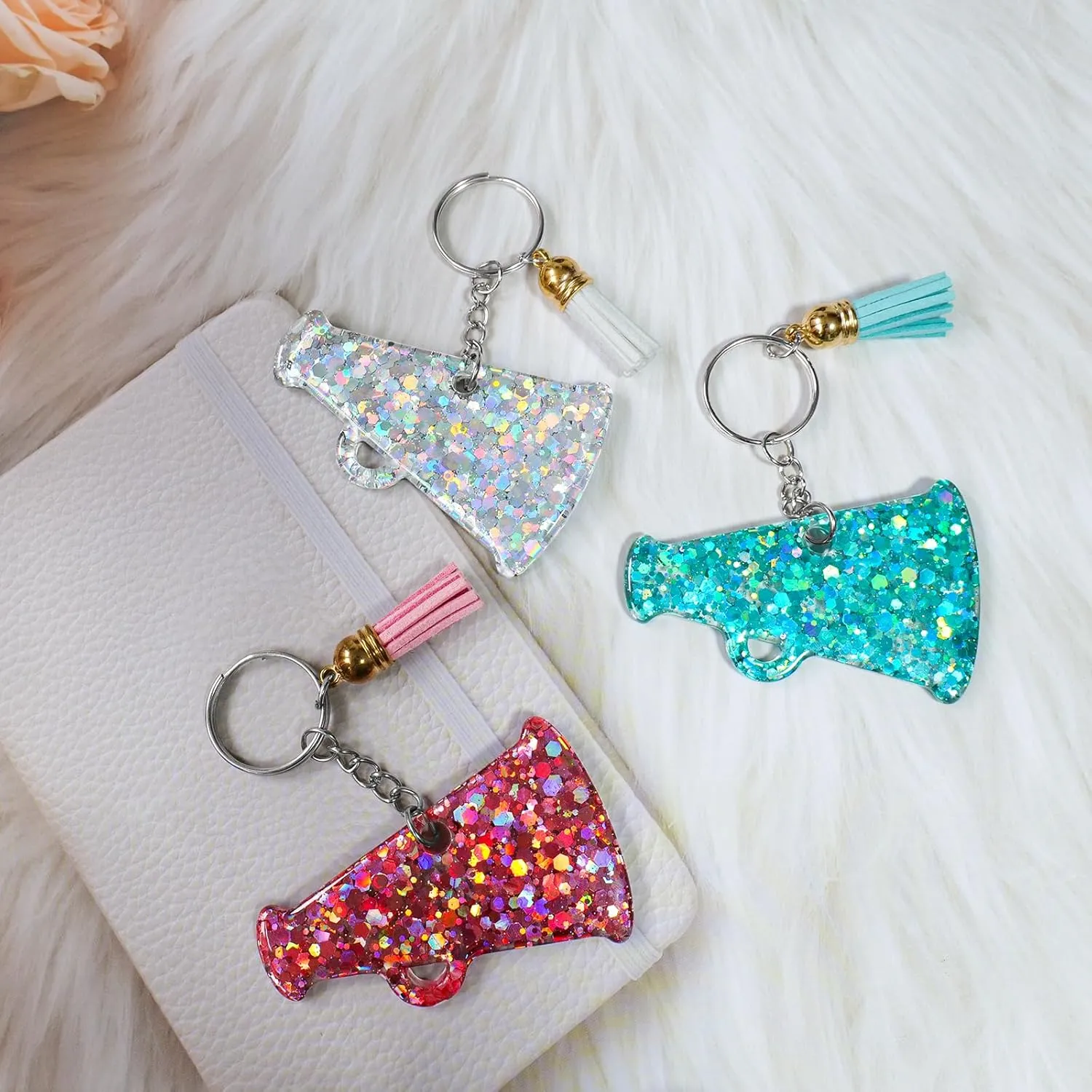 Glittering Cheer Megaphone KeyChain - Cheer Charm Keychains Bulk - Girls Cheerleading Accessories - Ideal Gift for Cheerleaders and Team Members - Light Blue/2pcs