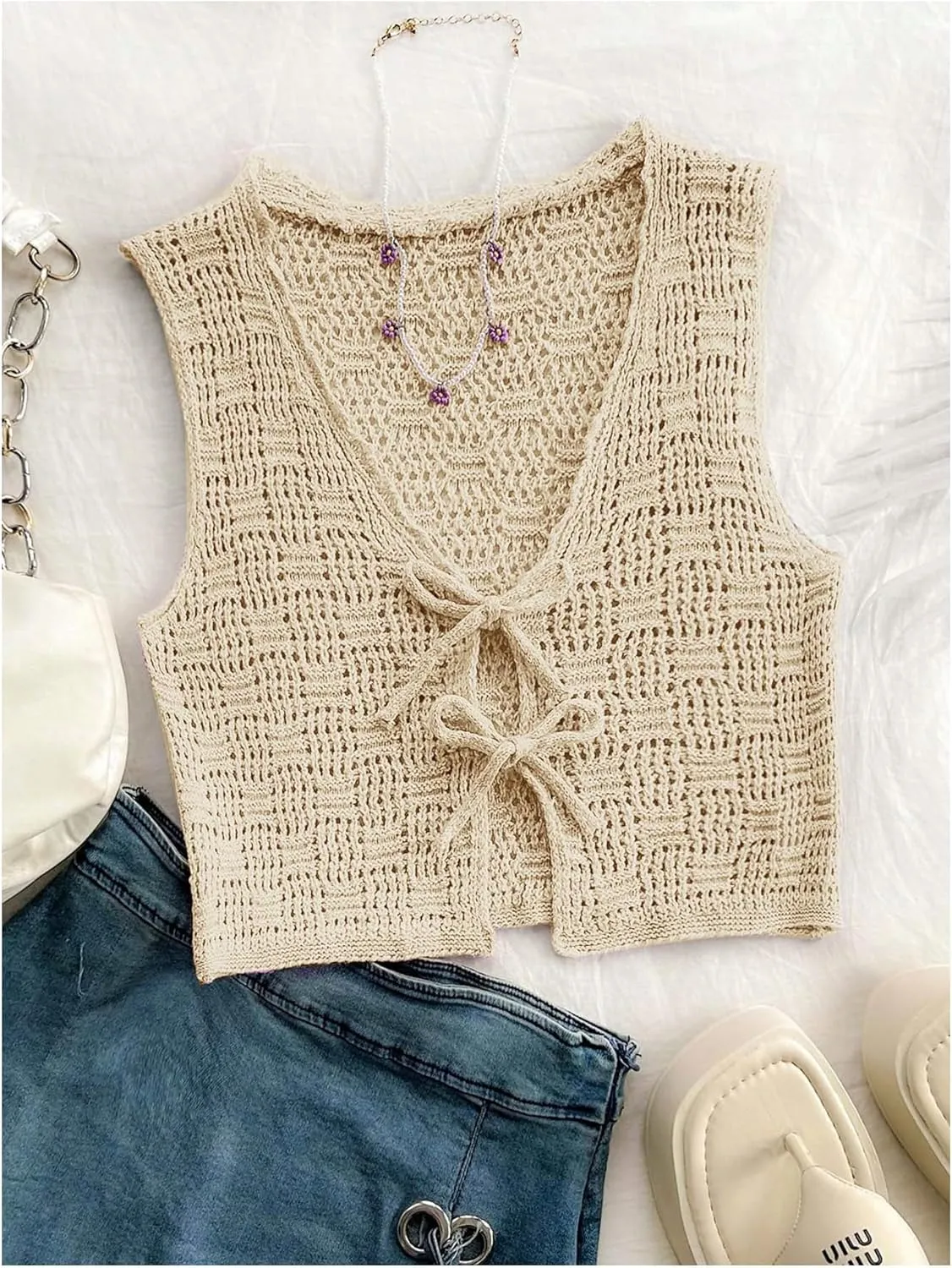 GORGLITTER Women's Crochet Tie Front Vest Open Front Cardigans Sleeveless V Neck Sweater Vest