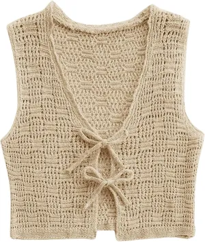 GORGLITTER Women's Crochet Tie Front Vest Open Front Cardigans Sleeveless V Neck Sweater Vest