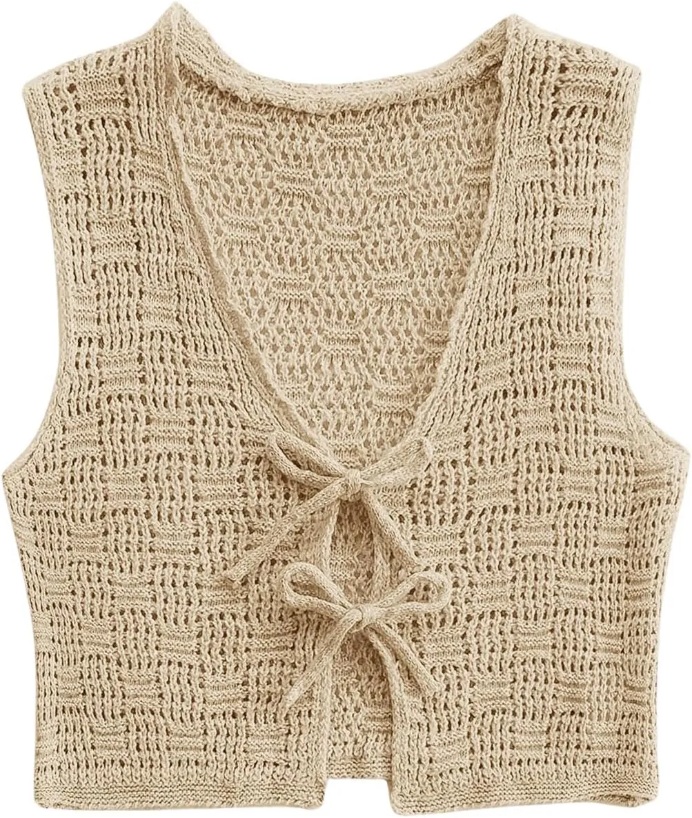 GORGLITTER Women's Crochet Tie Front Vest Open Front Cardigans Sleeveless V Neck Sweater Vest