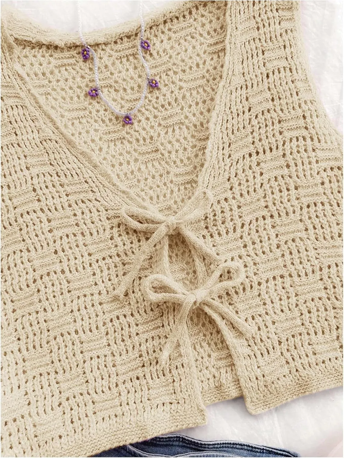 GORGLITTER Women's Crochet Tie Front Vest Open Front Cardigans Sleeveless V Neck Sweater Vest