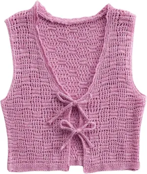 GORGLITTER Women's Crochet Tie Front Vest Open Front Cardigans Sleeveless V Neck Sweater Vest