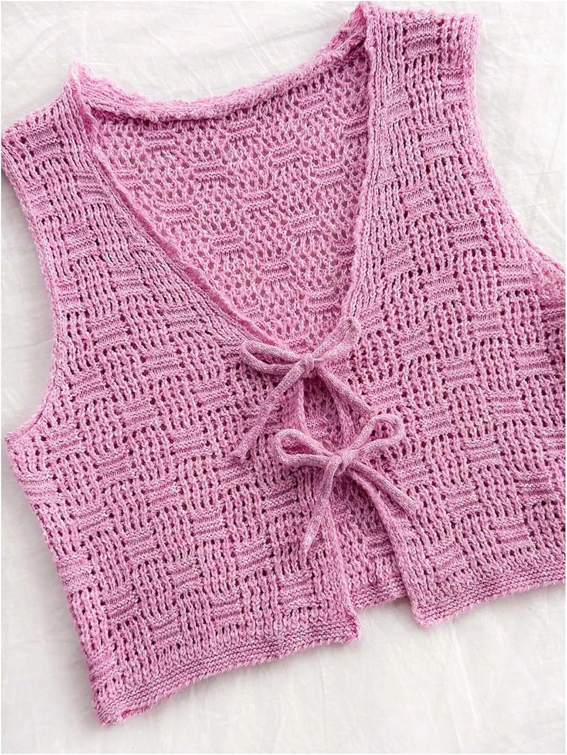 GORGLITTER Women's Crochet Tie Front Vest Open Front Cardigans Sleeveless V Neck Sweater Vest