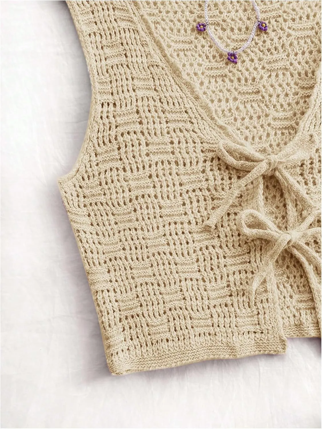 GORGLITTER Women's Crochet Tie Front Vest Open Front Cardigans Sleeveless V Neck Sweater Vest