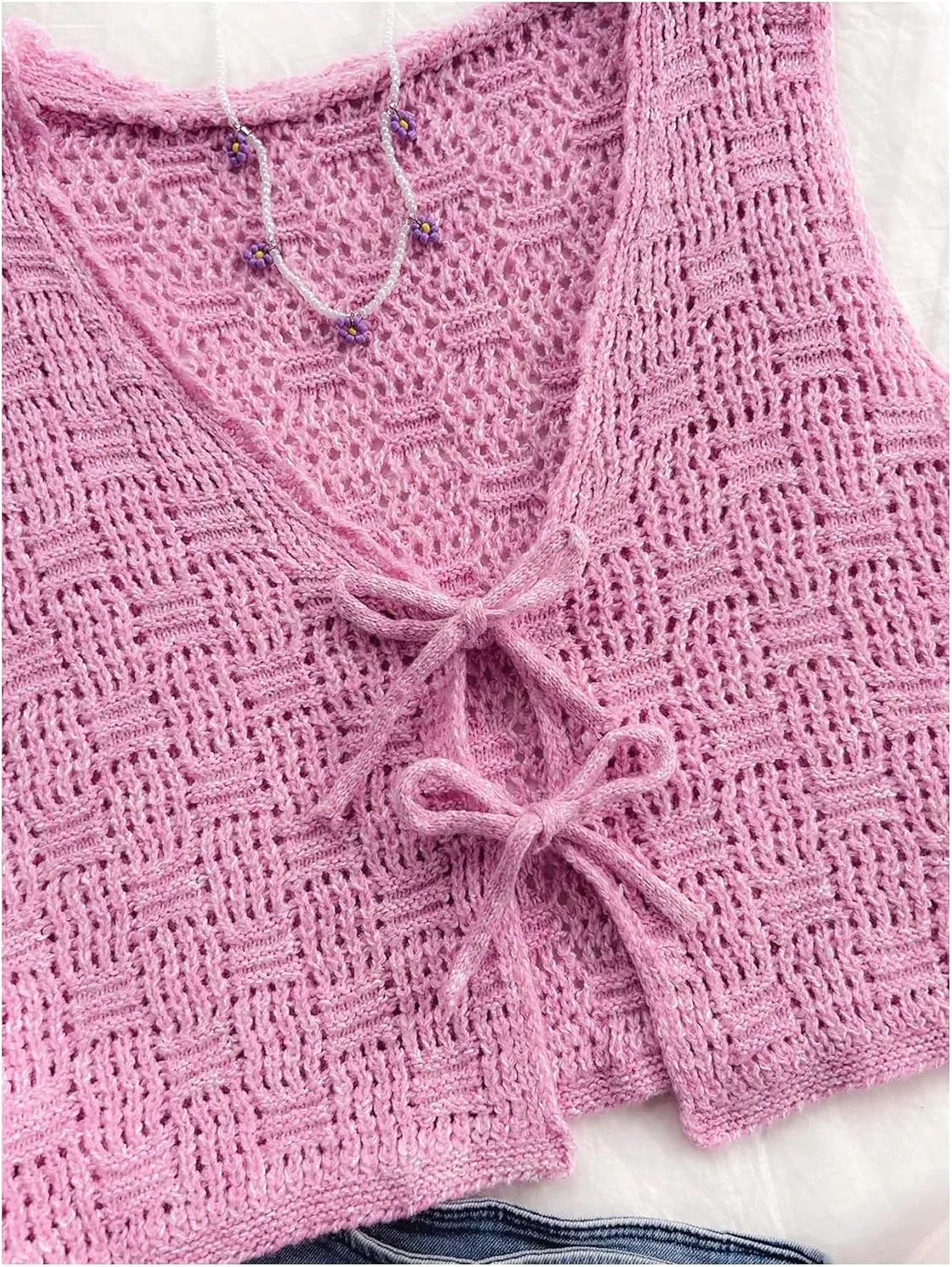 GORGLITTER Women's Crochet Tie Front Vest Open Front Cardigans Sleeveless V Neck Sweater Vest