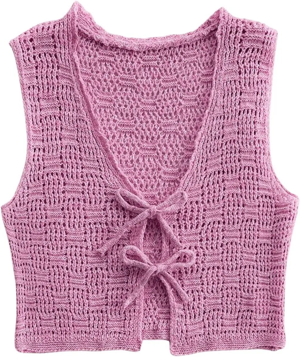 GORGLITTER Women's Crochet Tie Front Vest Open Front Cardigans Sleeveless V Neck Sweater Vest