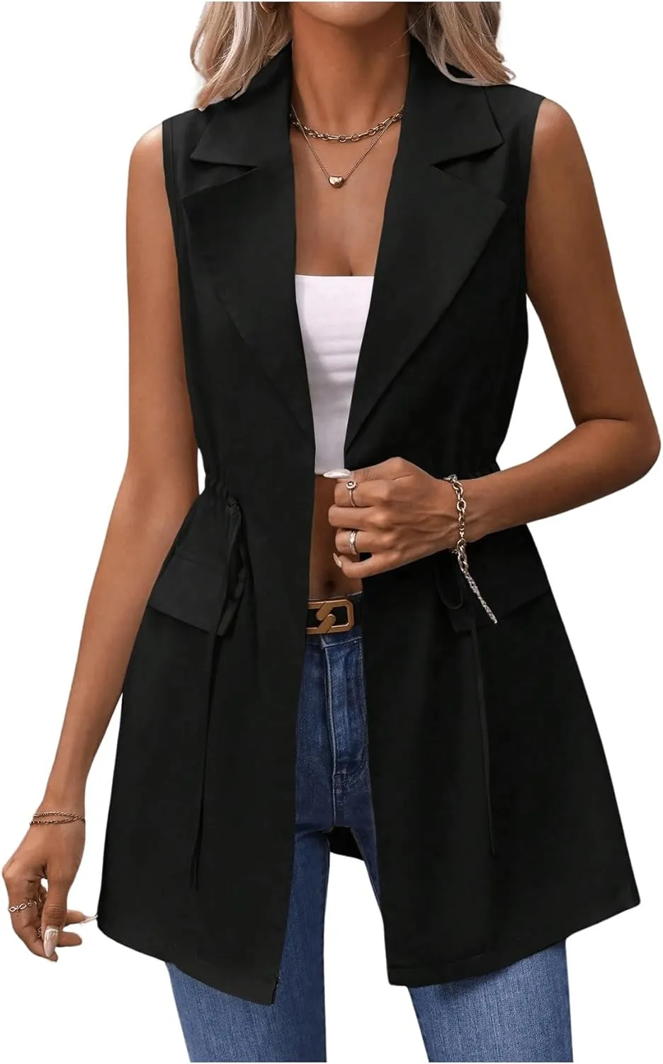 GORGLITTER Women's Long Vest Open Front Blazer Vest Jackets Sleeveless Drawstring Lapel Neck Long Coat