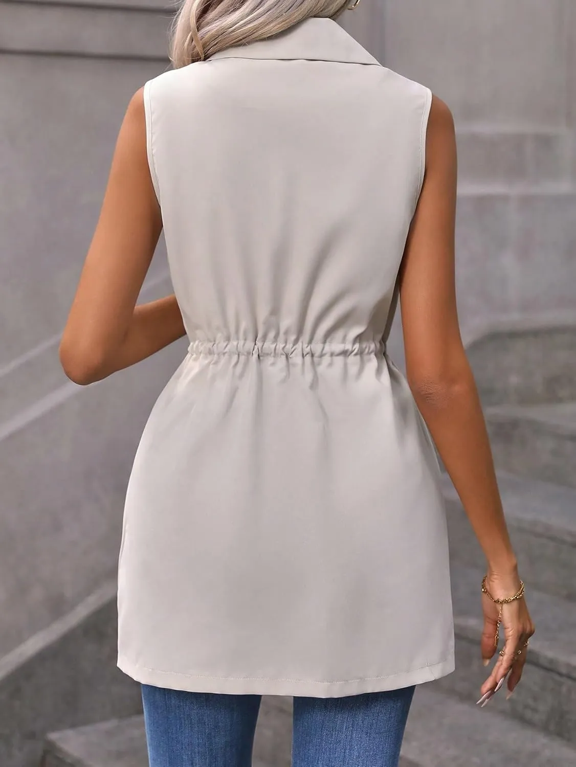 GORGLITTER Women's Long Vest Open Front Blazer Vest Jackets Sleeveless Drawstring Lapel Neck Long Coat
