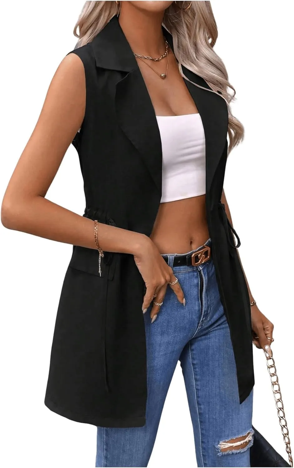 GORGLITTER Women's Long Vest Open Front Blazer Vest Jackets Sleeveless Drawstring Lapel Neck Long Coat