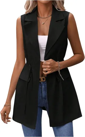 GORGLITTER Women's Long Vest Open Front Blazer Vest Jackets Sleeveless Drawstring Lapel Neck Long Coat
