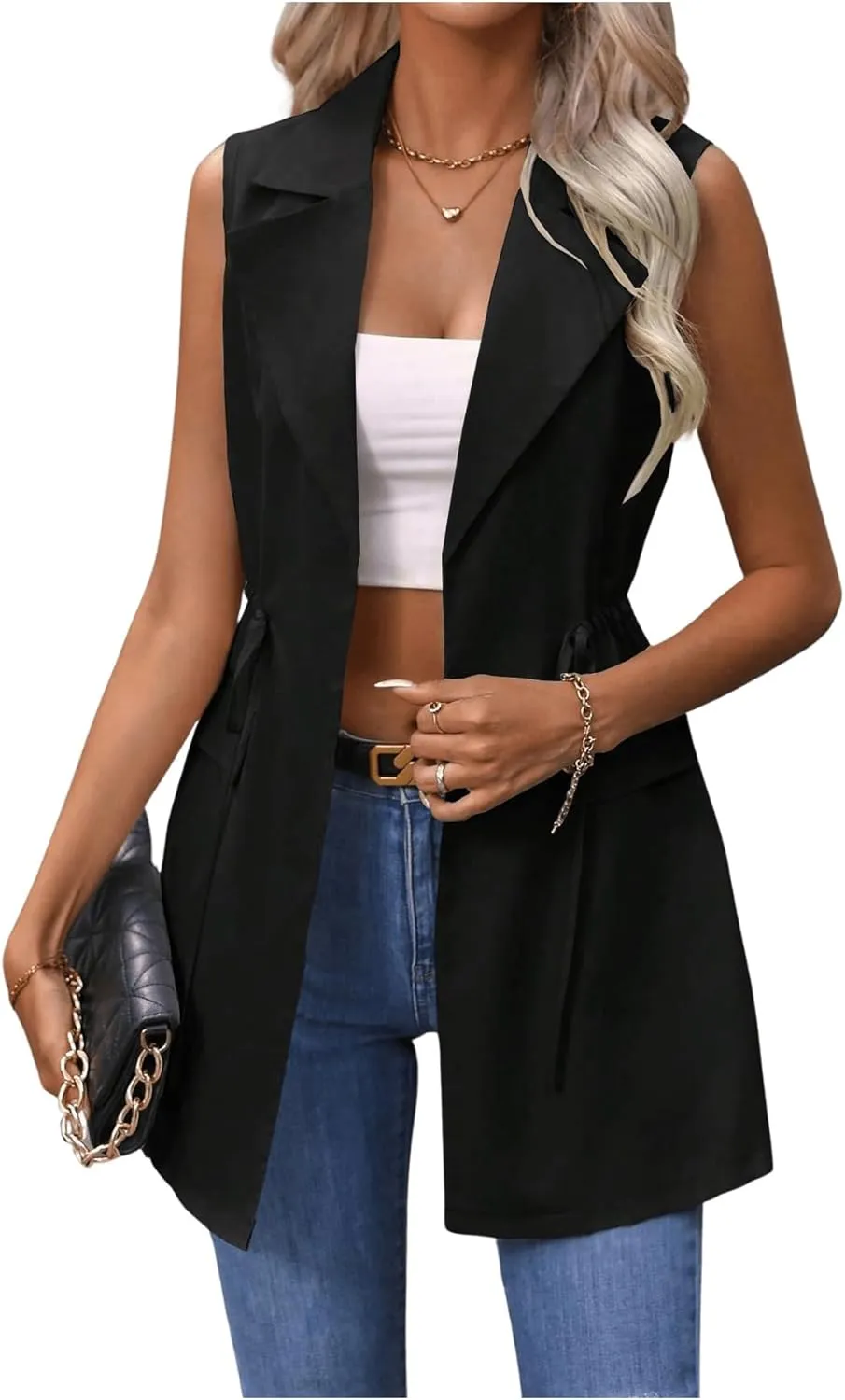 GORGLITTER Women's Long Vest Open Front Blazer Vest Jackets Sleeveless Drawstring Lapel Neck Long Coat