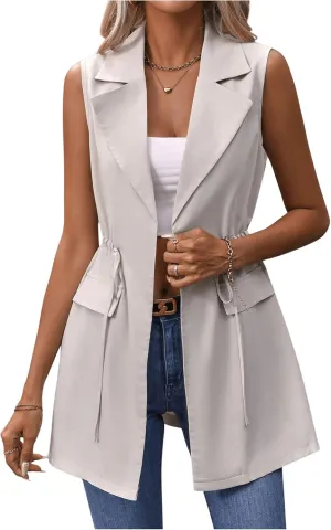 GORGLITTER Women's Long Vest Open Front Blazer Vest Jackets Sleeveless Drawstring Lapel Neck Long Coat