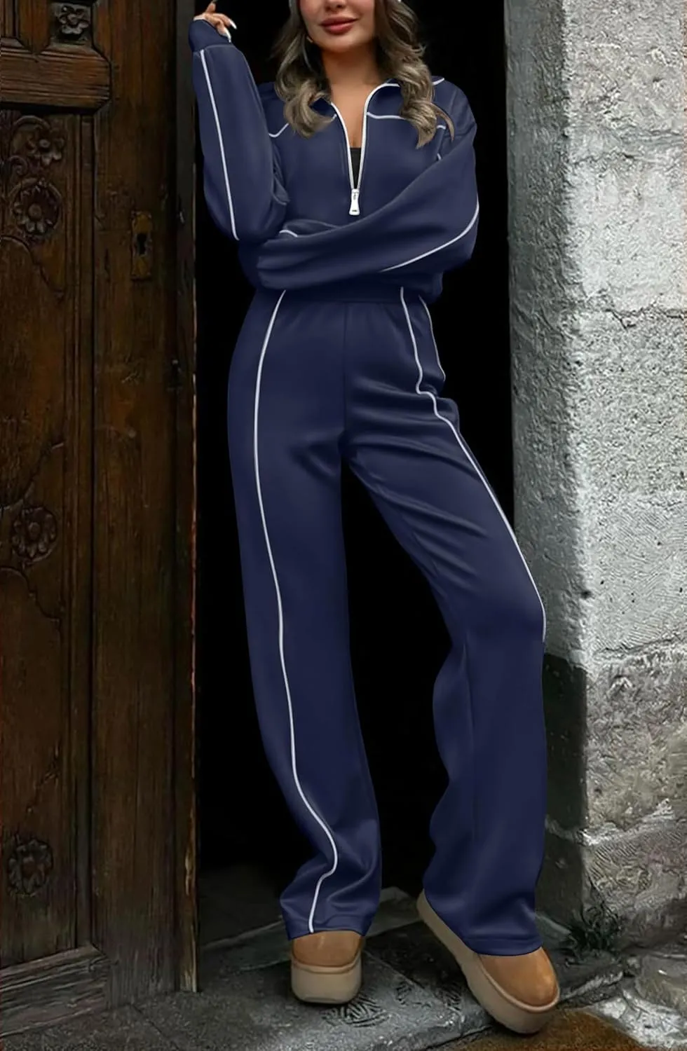 HAEOF Women 2 Piece Sweatsuit 2025 Fall Outfits Long Sleeve Zip Up Sweatshirt Jogger Pants Machting Lounge Sets Tracksuit