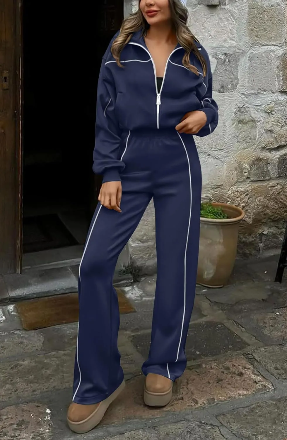 HAEOF Women 2 Piece Sweatsuit 2025 Fall Outfits Long Sleeve Zip Up Sweatshirt Jogger Pants Machting Lounge Sets Tracksuit