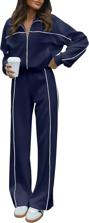 HAEOF Women 2 Piece Sweatsuit 2025 Fall Outfits Long Sleeve Zip Up Sweatshirt Jogger Pants Machting Lounge Sets Tracksuit
