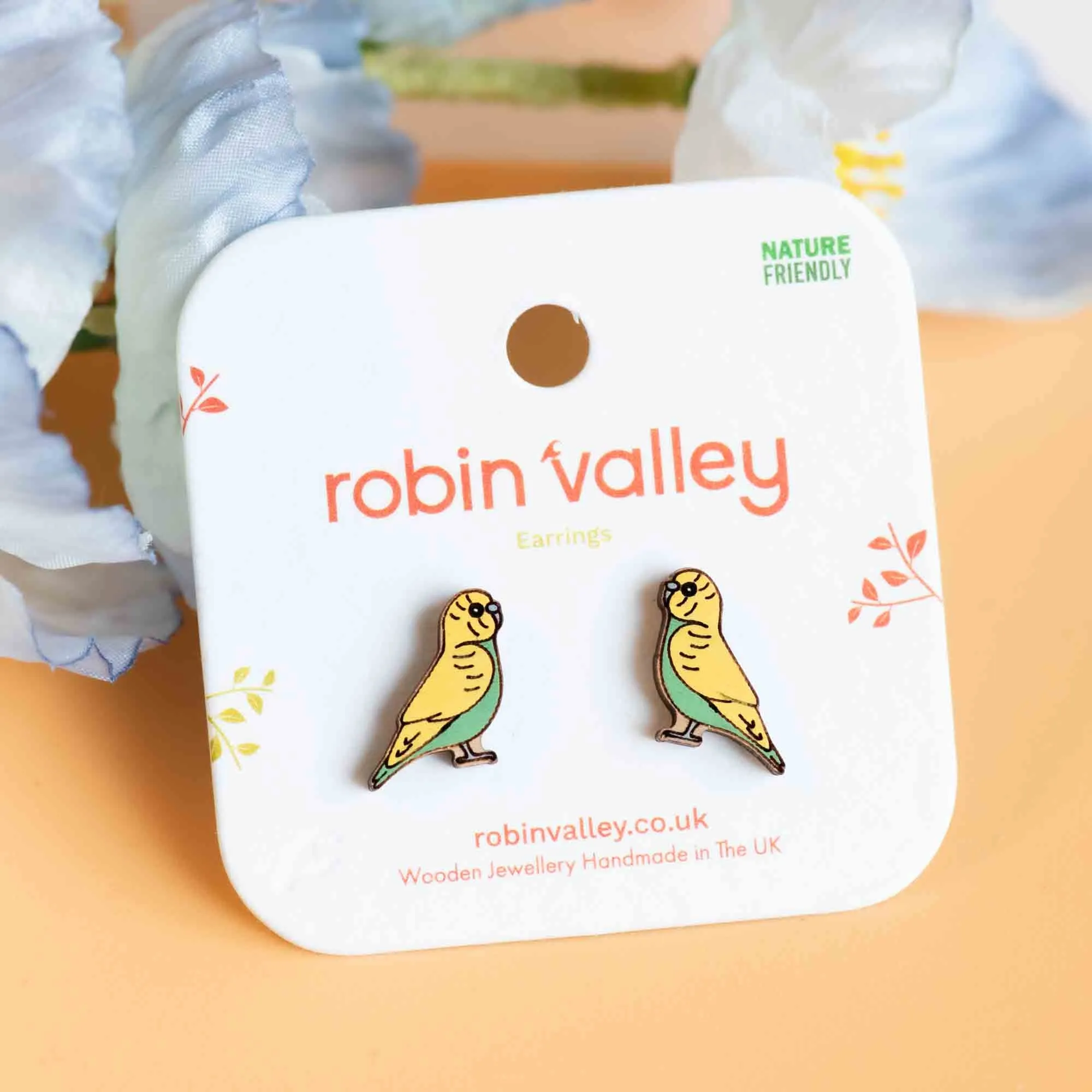 Hand-painted Budgerigar Wooden Earrings - PEB12066