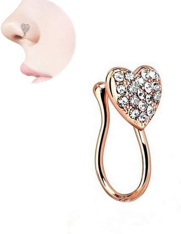 Heart with Gems Fake Clip On Nose Ring, Jewelry Piercing Clip On Earrings Faux Nose Ring Hoop