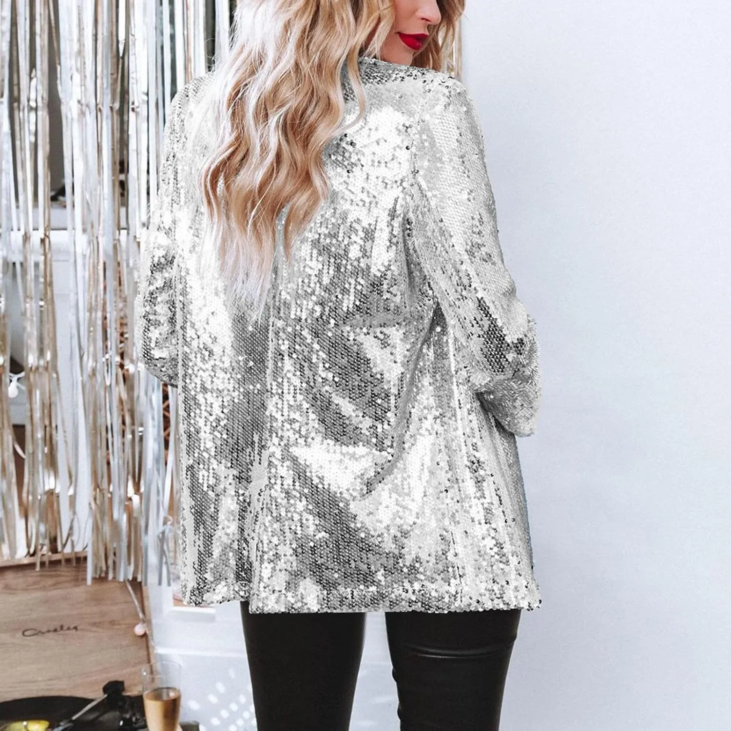 Helluva Boss Women's Sequin Jackets Open Front Blazer Shiny Jacket Casual Long Sleeve Sparkly Cardigan Coat