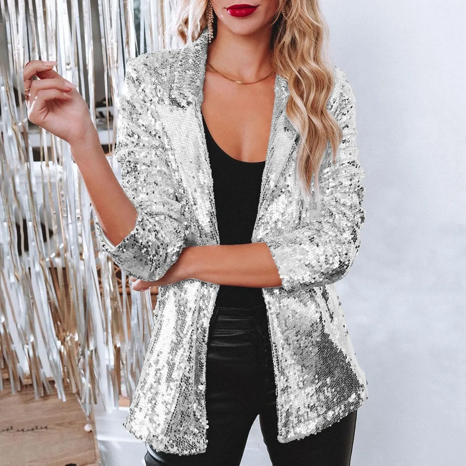 Helluva Boss Women's Sequin Jackets Open Front Blazer Shiny Jacket Casual Long Sleeve Sparkly Cardigan Coat