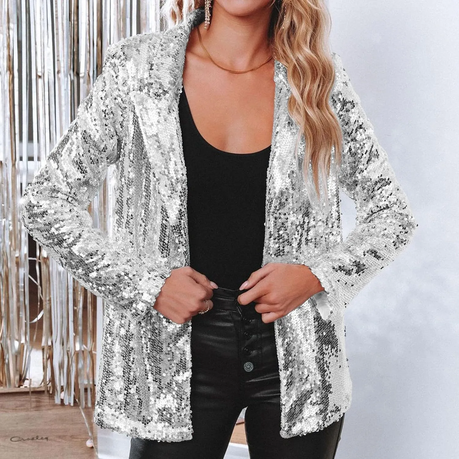Helluva Boss Women's Sequin Jackets Open Front Blazer Shiny Jacket Casual Long Sleeve Sparkly Cardigan Coat