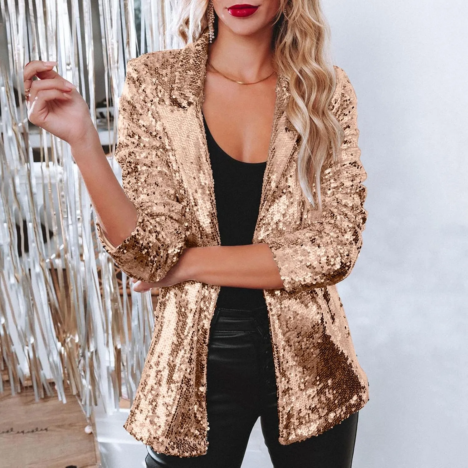 Helluva Boss Women's Sequin Jackets Open Front Blazer Shiny Jacket Casual Long Sleeve Sparkly Cardigan Coat