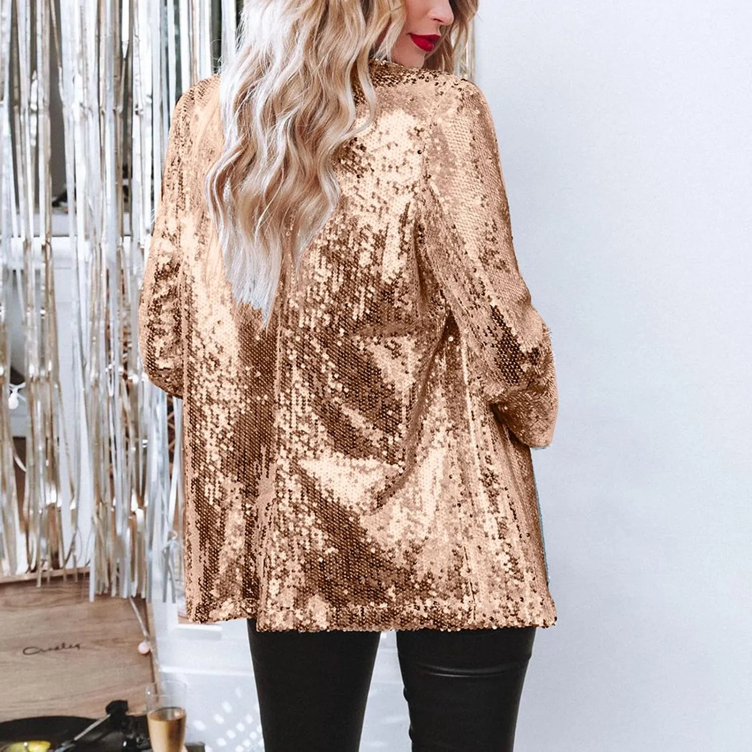 Helluva Boss Women's Sequin Jackets Open Front Blazer Shiny Jacket Casual Long Sleeve Sparkly Cardigan Coat