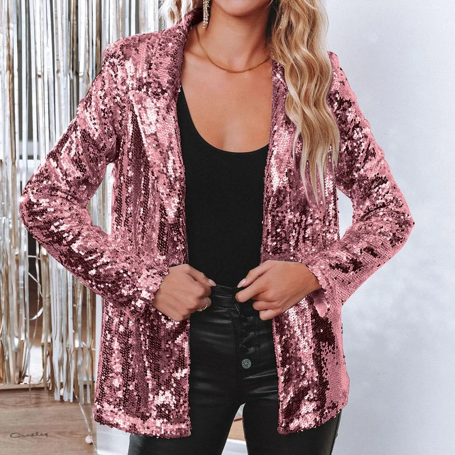 Helluva Boss Women's Sequin Jackets Open Front Blazer Shiny Jacket Casual Long Sleeve Sparkly Cardigan Coat