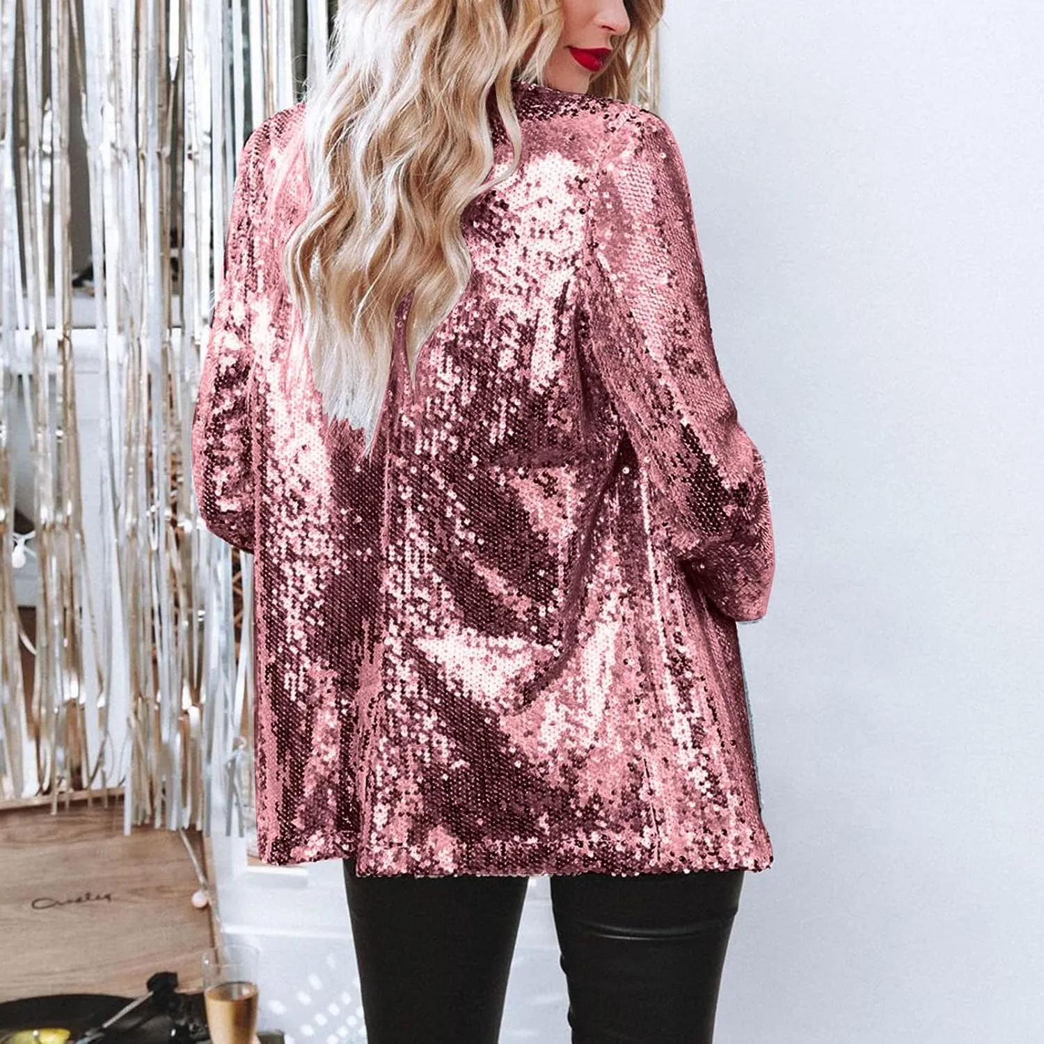 Helluva Boss Women's Sequin Jackets Open Front Blazer Shiny Jacket Casual Long Sleeve Sparkly Cardigan Coat