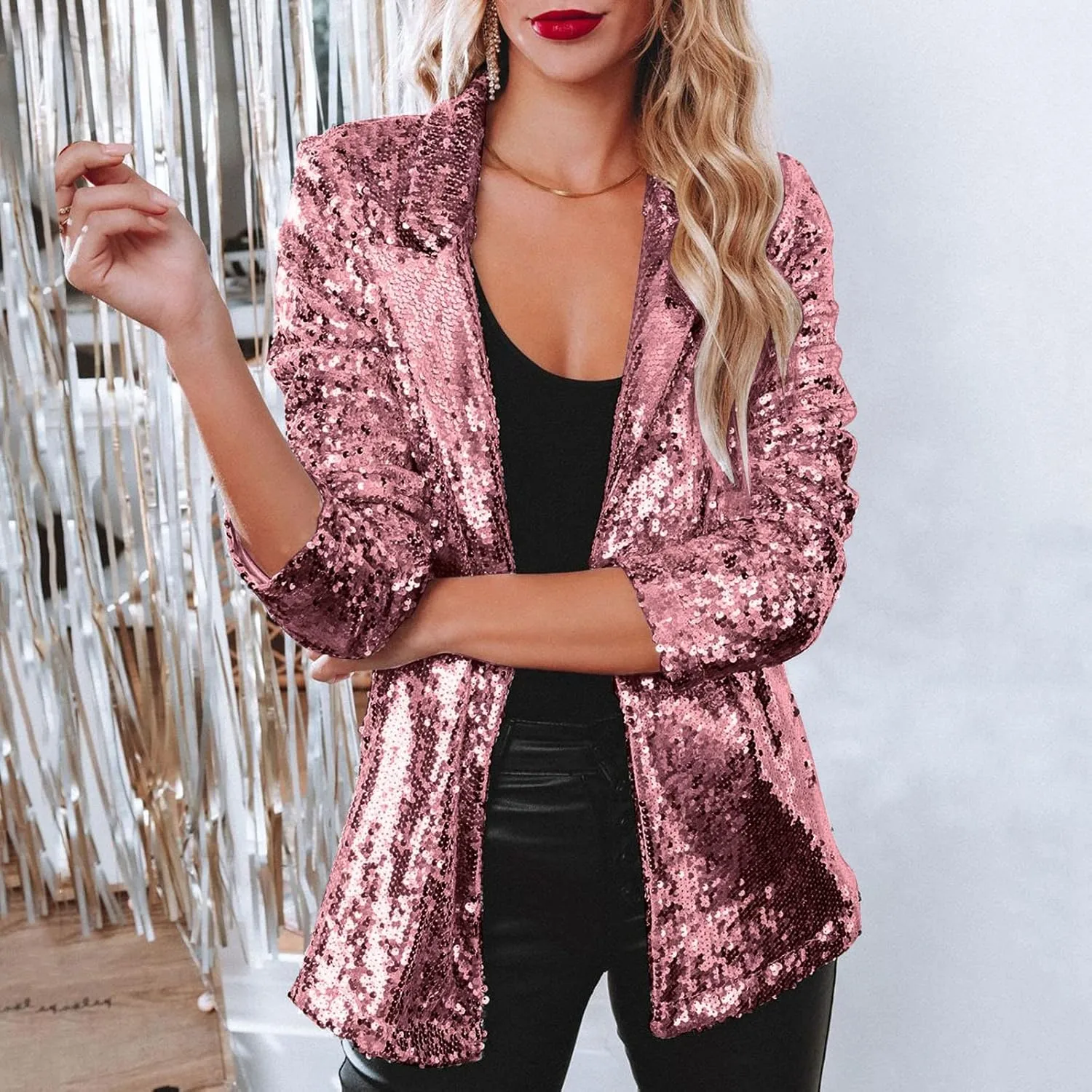Helluva Boss Women's Sequin Jackets Open Front Blazer Shiny Jacket Casual Long Sleeve Sparkly Cardigan Coat