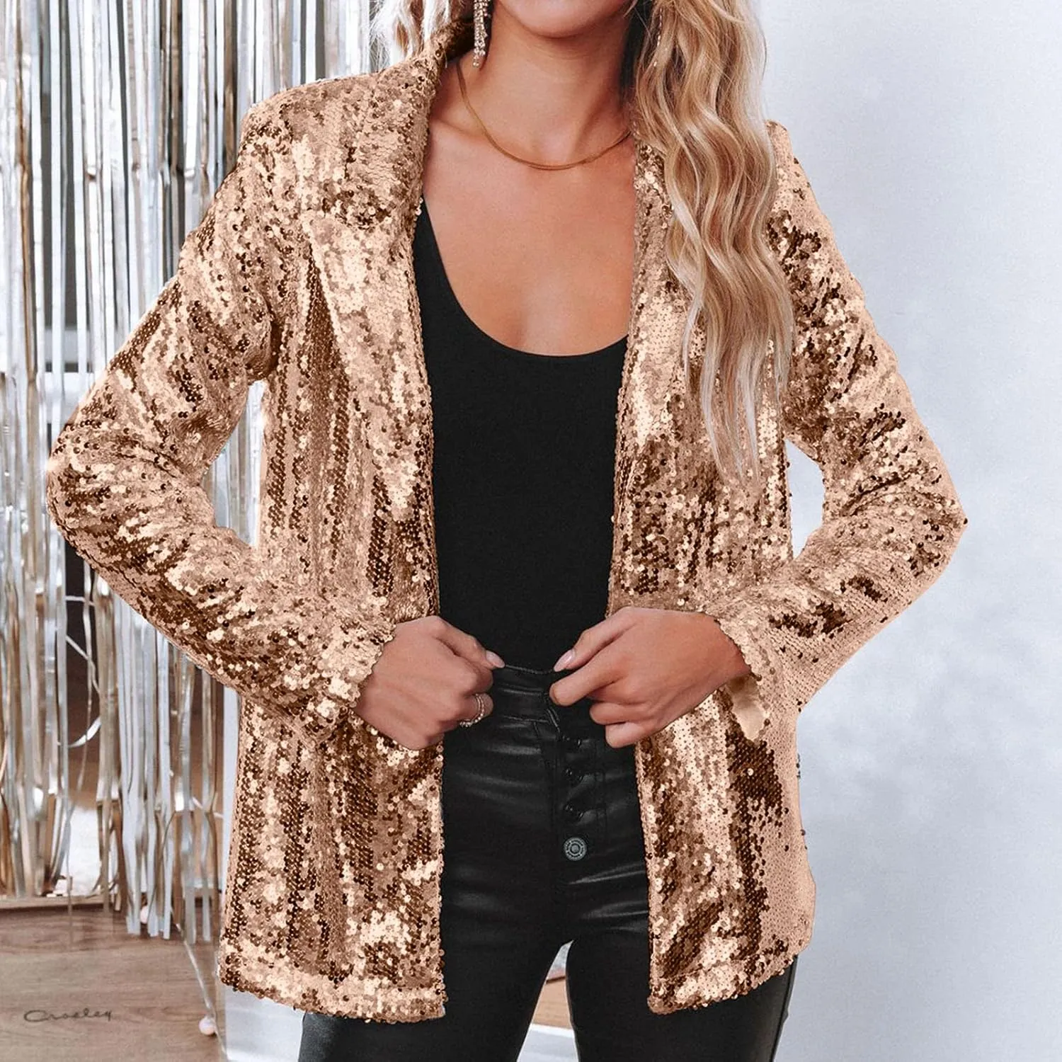 Helluva Boss Women's Sequin Jackets Open Front Blazer Shiny Jacket Casual Long Sleeve Sparkly Cardigan Coat