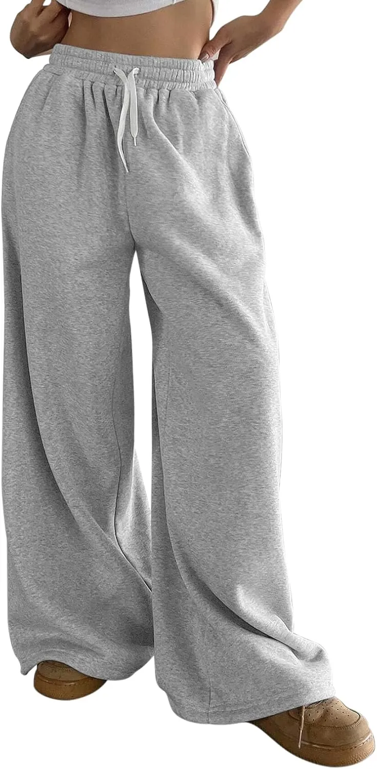 HeSaYep Fleece Lined Sweatpants for Women Winter Warm Wide Leg Drawstring Cuffs Baggy Sweat Pants with Pockets