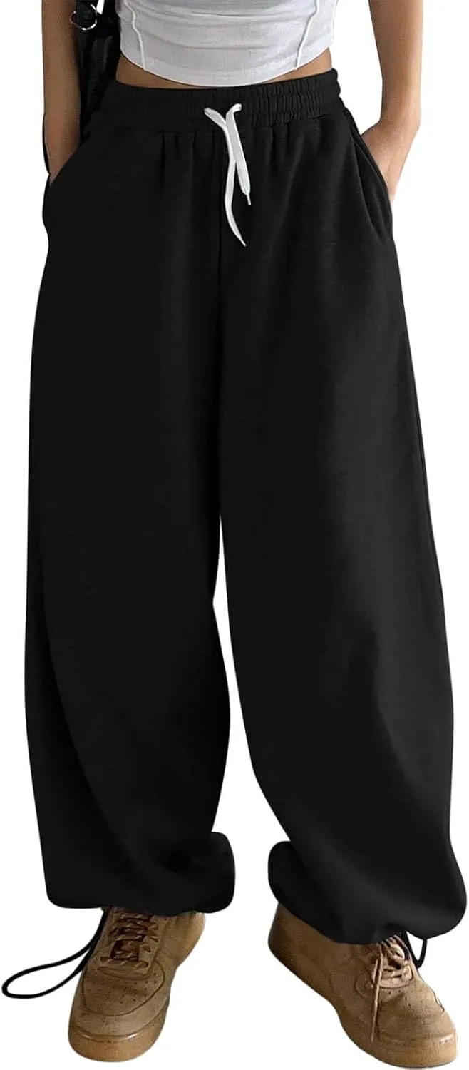 HeSaYep Fleece Lined Sweatpants for Women Winter Warm Wide Leg Drawstring Cuffs Baggy Sweat Pants with Pockets