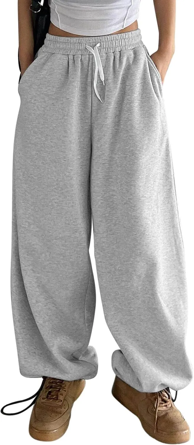 HeSaYep Fleece Lined Sweatpants for Women Winter Warm Wide Leg Drawstring Cuffs Baggy Sweat Pants with Pockets
