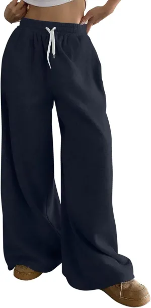 HeSaYep Fleece Lined Sweatpants for Women Winter Warm Wide Leg Drawstring Cuffs Baggy Sweat Pants with Pockets