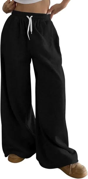 HeSaYep Fleece Lined Sweatpants for Women Winter Warm Wide Leg Drawstring Cuffs Baggy Sweat Pants with Pockets