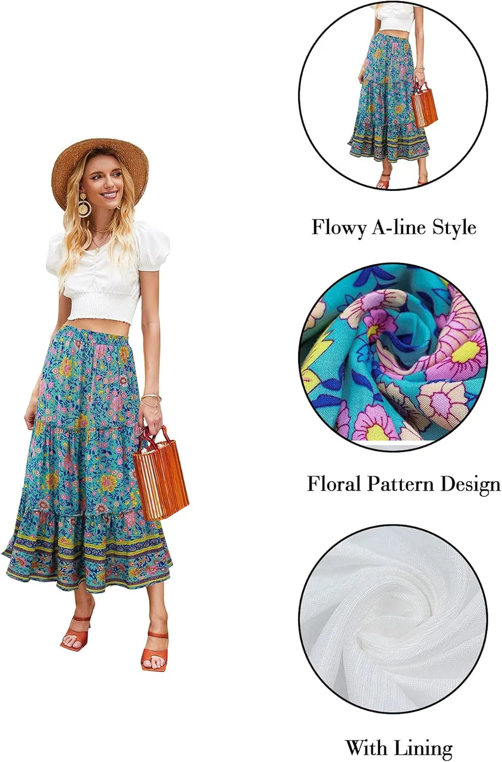 Hibluco Women's Floral Midi Skirts Elastic High Waist A-Line Swing Skirts