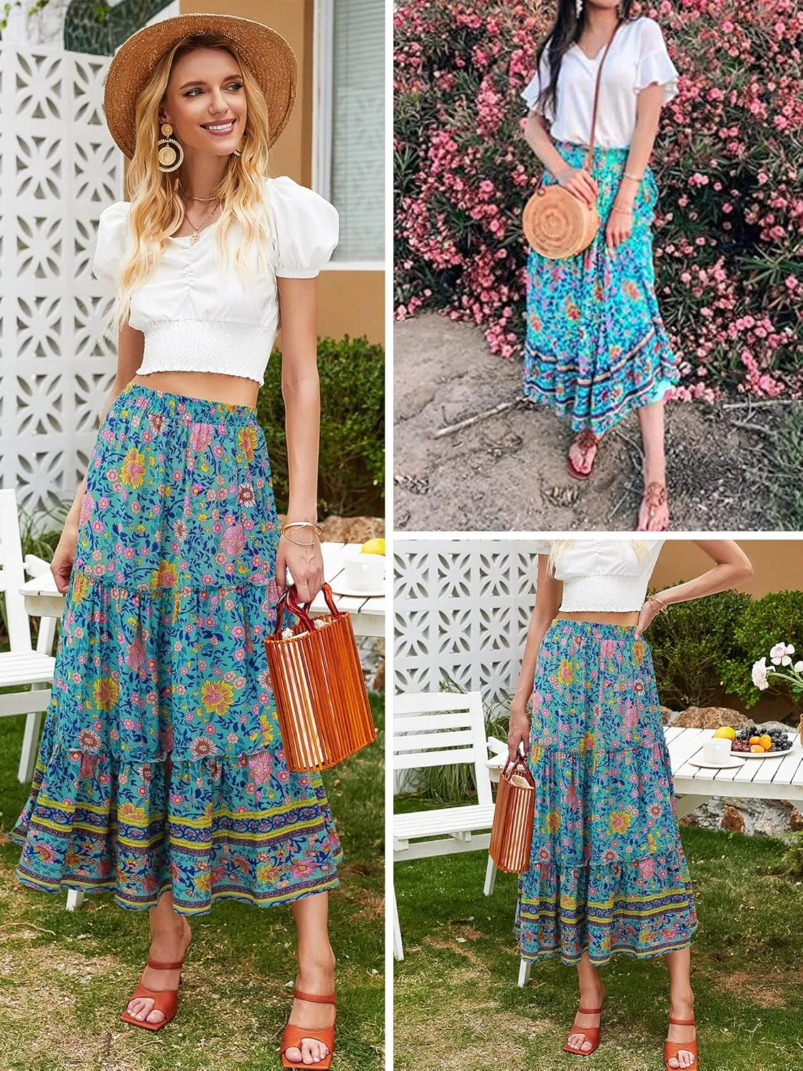 Hibluco Women's Floral Midi Skirts Elastic High Waist A-Line Swing Skirts