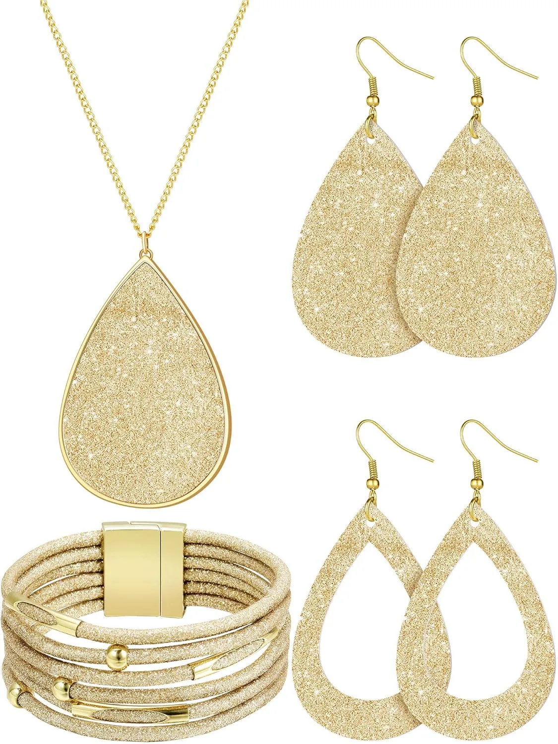 Hicarer 4 Pieces Women's Glitter Jewelry Set Bridal Wedding Multi-Layer Bracelet Faux Leather Dangle Earrings Necklace
