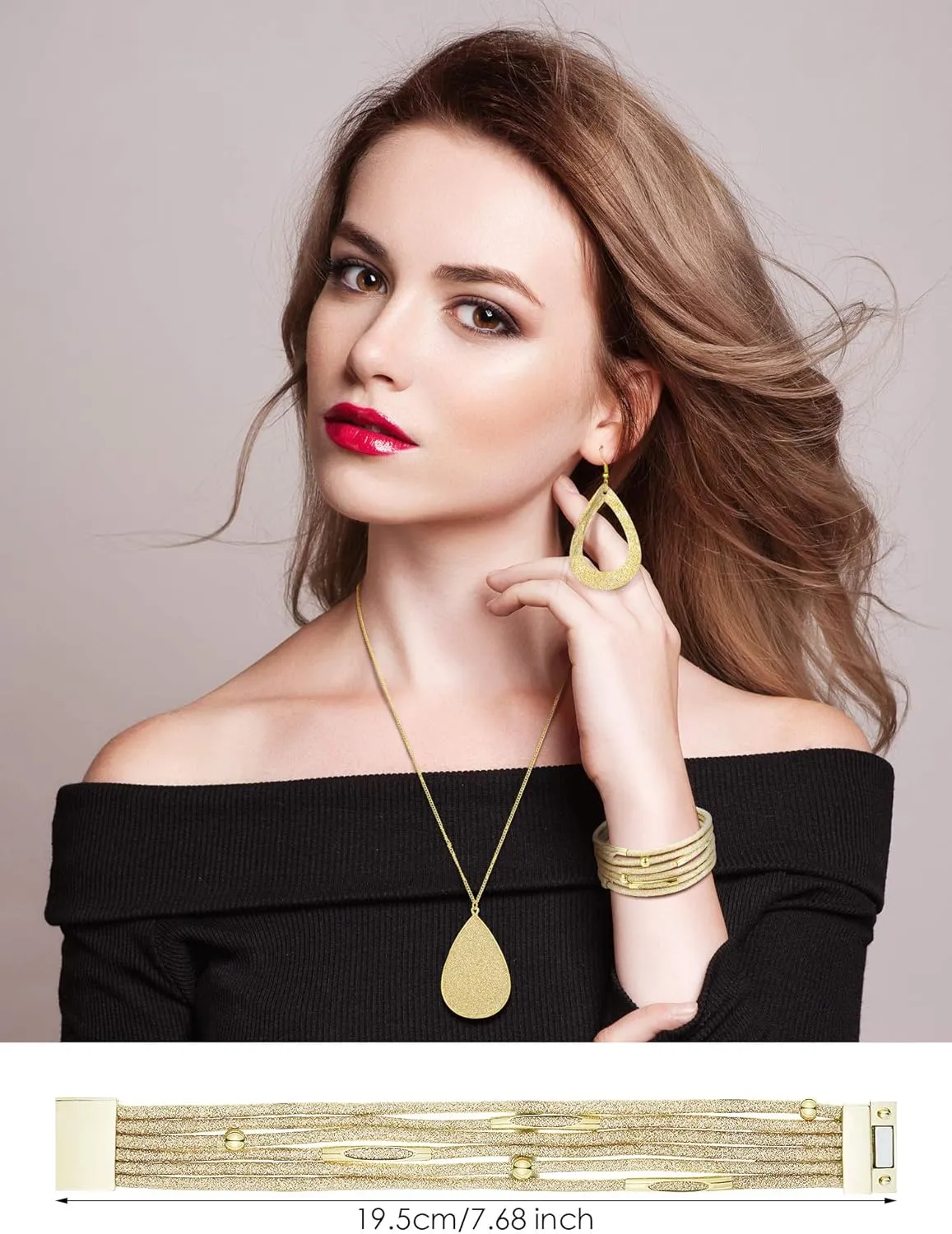 Hicarer 4 Pieces Women's Glitter Jewelry Set Bridal Wedding Multi-Layer Bracelet Faux Leather Dangle Earrings Necklace