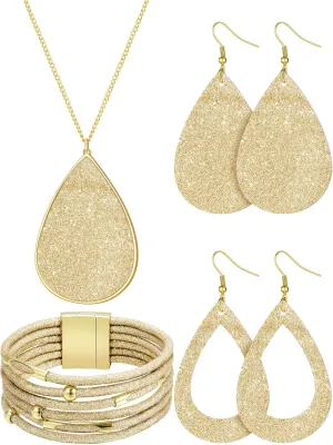 Hicarer 4 Pieces Women's Glitter Jewelry Set Bridal Wedding Multi-Layer Bracelet Faux Leather Dangle Earrings Necklace