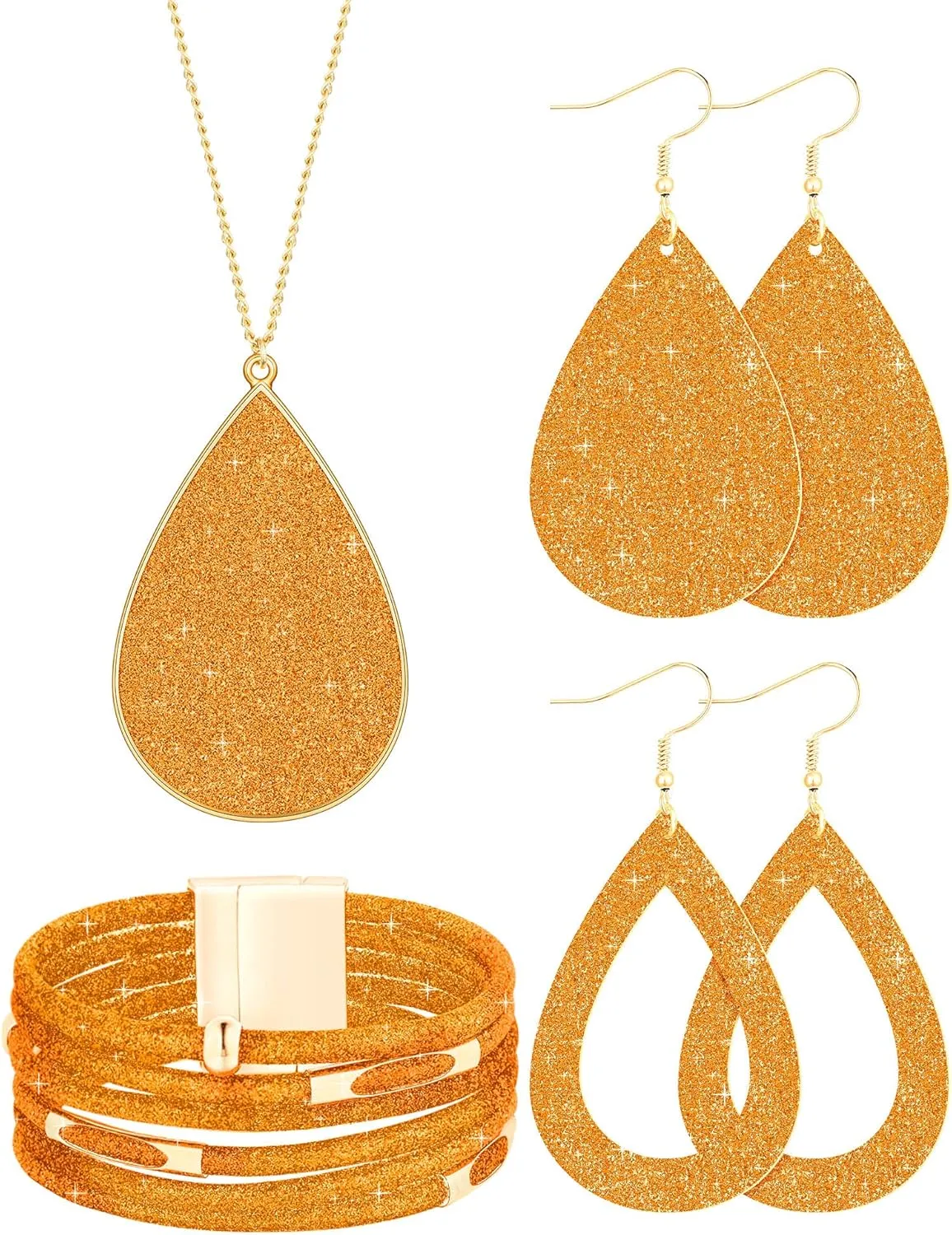 Hicarer 4 Pieces Women's Glitter Jewelry Set Bridal Wedding Multi-Layer Bracelet Faux Leather Dangle Earrings Necklace