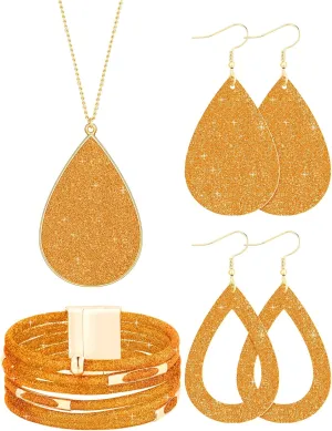 Hicarer 4 Pieces Women's Glitter Jewelry Set Bridal Wedding Multi-Layer Bracelet Faux Leather Dangle Earrings Necklace