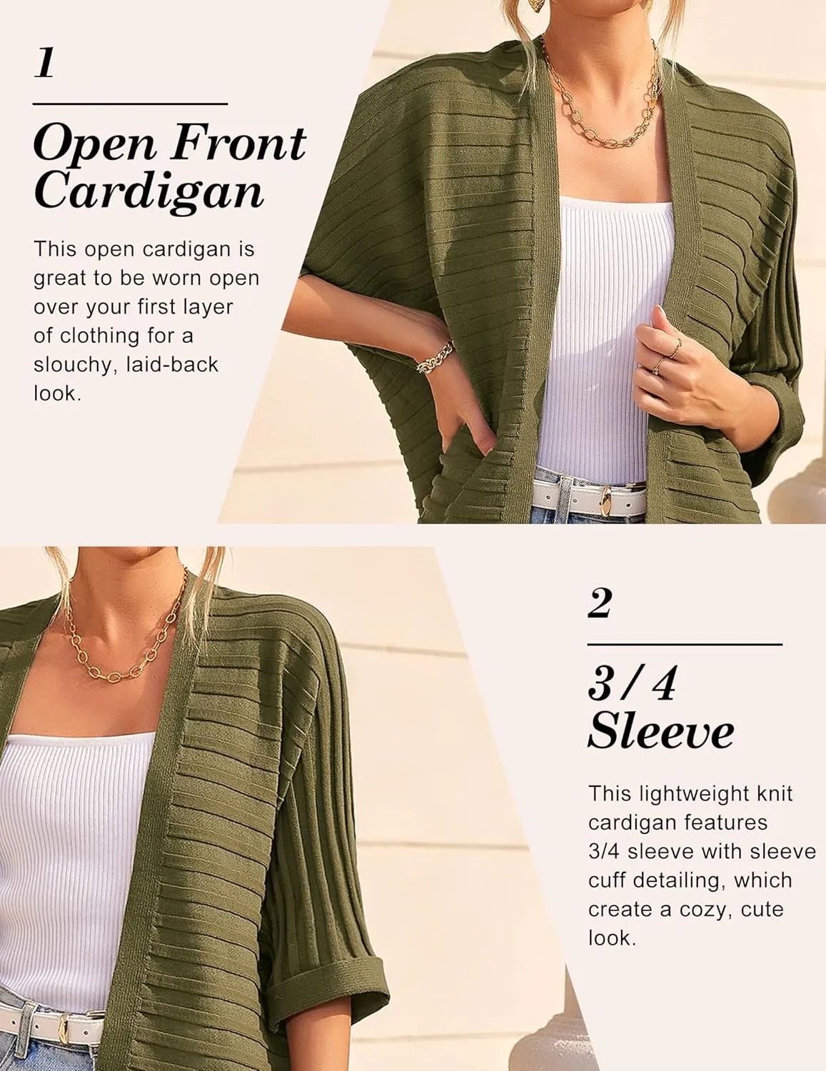 HOTOUCH Women's Open Front Cardigan 3/4 Sleeve Ribbed Knit Cardigans Lightweight Casual Cardigan