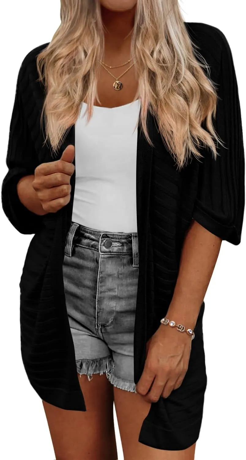 HOTOUCH Women's Open Front Cardigan 3/4 Sleeve Ribbed Knit Cardigans Lightweight Casual Cardigan