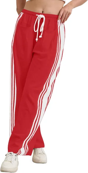 Hudson Canyon Striped Pants for Women Wide Leg Drawstring Waist High Rise Pant Baggy Casual Trousers with Pockets