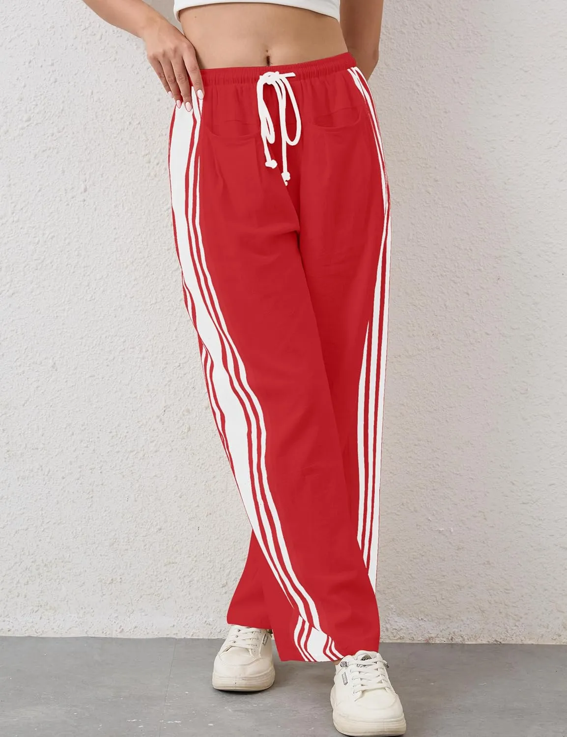 Hudson Canyon Striped Pants for Women Wide Leg Drawstring Waist High Rise Pant Baggy Casual Trousers with Pockets